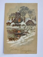 Old New Year's postcard 1935 embossed postcard snowy landscape church