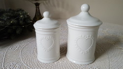 White ceramic jar with lid, heart decoration 2 pcs.