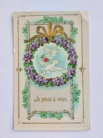 Old postcard postcard doves clover with violet wreath