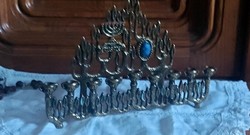 Judaika: special marked Jewish Hanukkah menorah with 9-branch candle holder with eilat stone
