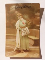 Old Christmas card 1917 photo postcard lady mistletoe