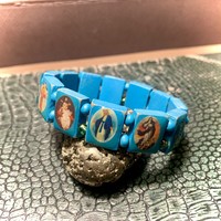 Old wooden bracelet with images of saints, flexible bracelet with images of the Virgin Mary, Jesus