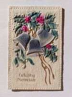 Old Christmas card embossed postcard bells holly mistletoe