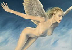 János Jantner, flight - female nude c. Artwork, acrylic, canvas, 50x70 cm, without frame