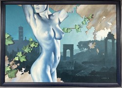János Jantner, naked church c. Artwork, acrylic, canvas, 50x70 cm, + dark blue frame