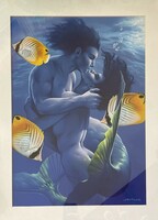 János Jantner, mermaids c. Creation, acrylic, cardboard, 50x36 cm, + blue aluminum frame