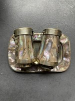 Old patinated small mother-of-pearl inlaid spice holders with salt and pepper shakers