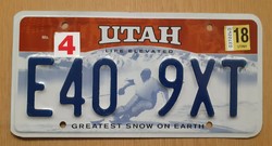 Usa American license plate number plate e40 9xt utah greatest snow on earth
