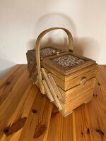 Old wooden, split-level - embroidered sewing box with needle cushion