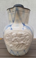 Antique Zsolnay ceramic jug with a huge tin lid, museum-quality putty spider web pattern!