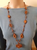 Necklace made of long retro fruit (peach seed???) + similar ear clip in gift style