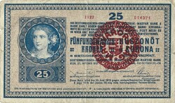 25 korona 1918 2000 alatti és apró betűs Magyarország felülbélyegzés Nagyon ritka
