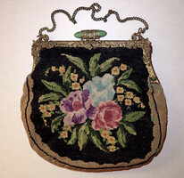 Very old antique vintage copper buckle beautiful stone ornate floral tapestry theater bag reticule