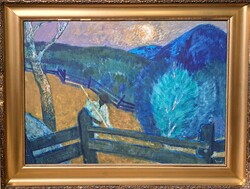 Lajos Ujváry (1925-2006): mountains (gallery oil painting) student of István Szőnyi - peasant life
