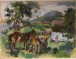 Pituk József Viktórián, Falusi udvar, akvarell, 47,5 x 63,5 cm, nincs keretezve