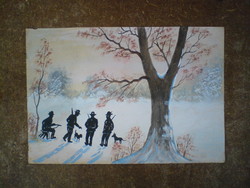 Winter picture - hunting watercolor i.e. watercolor small painting (very old)