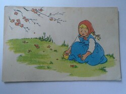 D199467 old postcard little girl picking flowers 1950k fine art fund