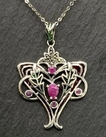 Special art nouveau silver pendant with ruby gems, fire enamel and marcasite /925/ --new