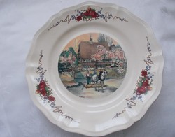 Sarreguemines French ornamental bowl with horseman, bowl with a village scene