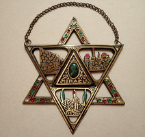 Old vintage wall hanging jewish copper stone religious object wall charm israel star of david