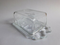 Molded glass butter dish with cloud and bird pattern