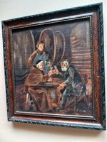 E.Weber: wine drinking antique pub scene painting