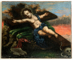 17.sz. Barokk Festmény Gyermek Jézus Alszik a Kereszten Megkínzatásának Megöletésének Eszközeivel