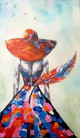 Angels with red hats walk among us and want to fly - acrylic painting