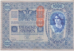 Ausztria 1000 Osztrák-Magyar korona 1902/1912     Vertical overprint "DEUTSCHÖSTERREICH" VG
