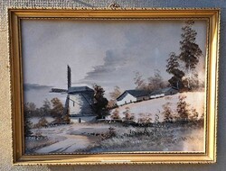 Antique painting:: major, with an old mill. Tempera painting on cardboard,