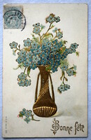 Antique embossed greeting card - forget-me-not in a gold vase
