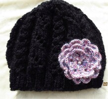 Black women's hat with flowers (66.) Hand-knitted