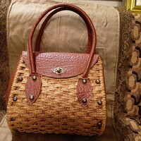 Antique handmade bag leather and straw