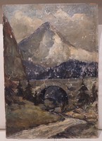 Stone bridge, marked oil on cardboard painting