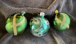 3 Pcs retro glass sphere green Christmas tree decoration Czechoslovakia