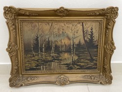 Antique forest interior river landscape painting in blonde frame