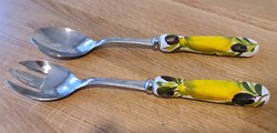 Stainless steel salad serving spoon in pair with Italian porcelain handle with olive pattern, flawless