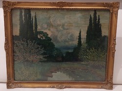 Oil-on-cardboard landscape painting glazed blondel picture frame