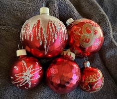 5 Pcs retro red sphere glass Christmas tree decorations from Czechoslovakia
