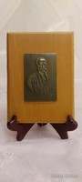 Tolstoy bronze plaque, wall ornament attached to wood.