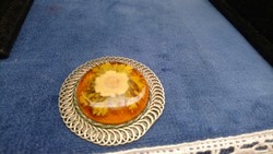 Handmade brooch made of antique silver-plated plastic with dried flower decoration! 1930!