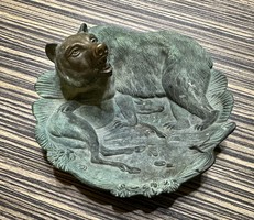 Bear deer fall bronze ashtray, decorative bowl. Hungarian lamp factory in Budapest