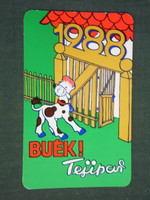 Card calendar, Hungarian dairy companies, graphic artist, humorous, cow, 1988, (3)