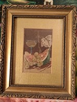 Antique silk needle tapestry, with original frame. Ii size: 17x21 cm. Outer frame size.