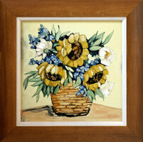 Margit Fehér: Sunflowers - fire enamel - framed 27x27cm - artwork 20x20cm - 188/314