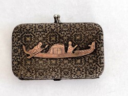 Small metal wallet with silk lining, decorated with an antique, old ship motif