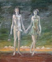 Togetherness - two women holding hands (oil painting) nude, love