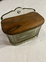 Glass, wall-mounted salt shaker with rosewood roof