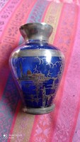 Small antique silver-plated glass vase, glass ornament with silver painting