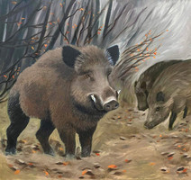Wild boars in autumn - oil painting - hunting, landscape, game